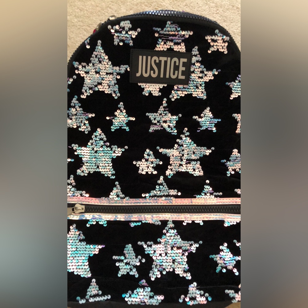 Justice Girls 17" Laptop Backpack with Pom Key Chain, Black Sequin Stars